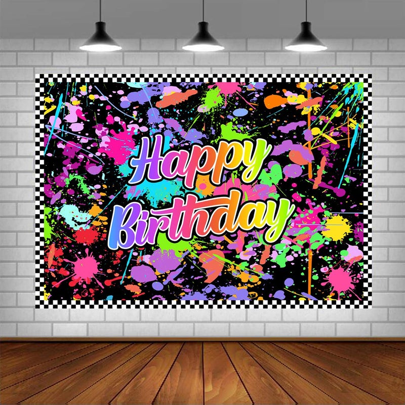 Lofaris Neno Glow in The Dark Birthday Party Photography Backdrops Colorful Graffiti Splash Paint Background Slime Happy Birthday Black Light Sleppover Party Banner Decor for Kids Birthday Supplies - Image 1